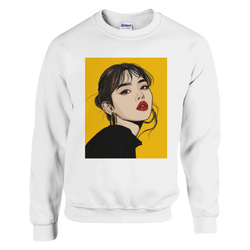 White men's sweatshirt featuring a pop art woman portrait graphic with red lips and gold hoops set against a vibrant yellow background.