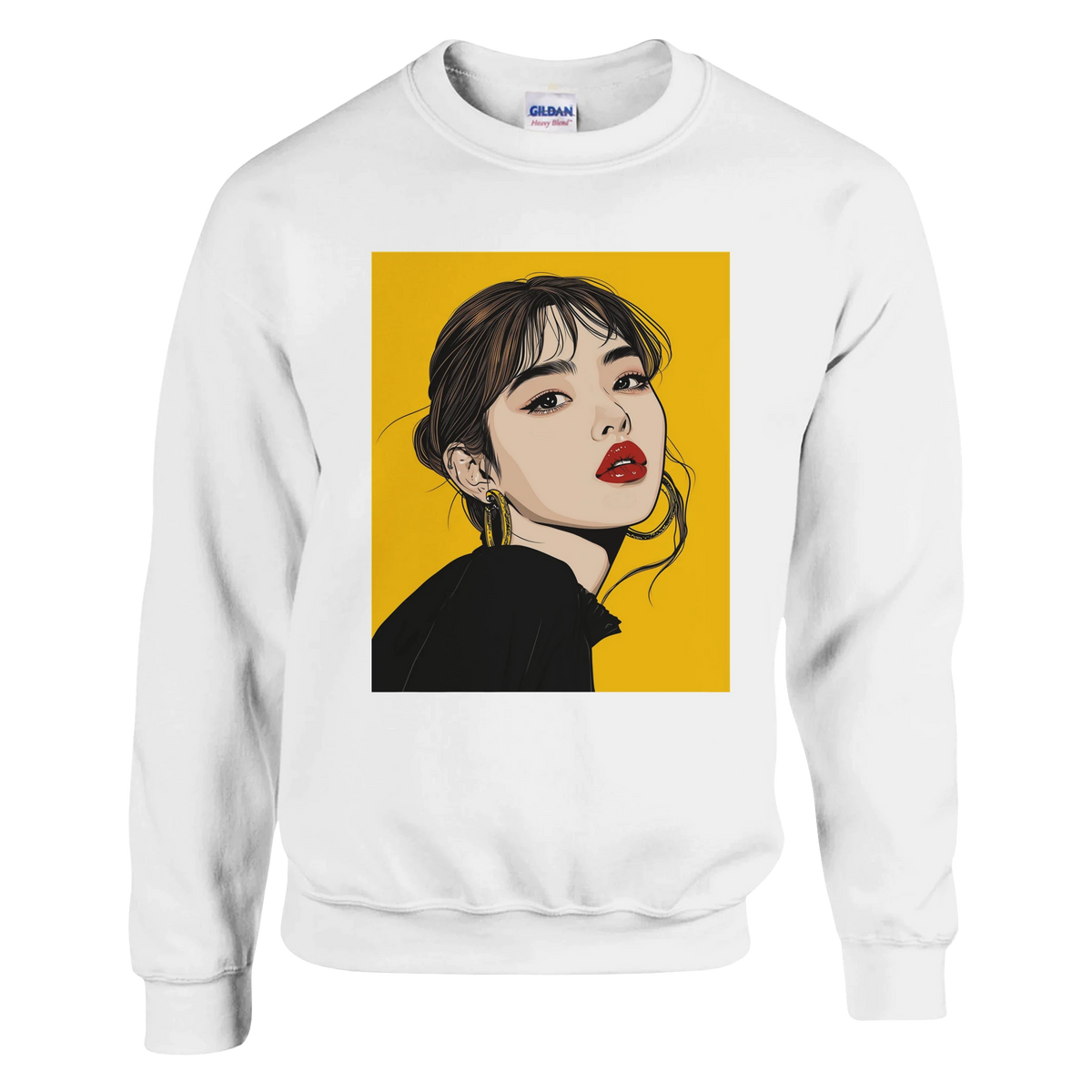 White men's sweatshirt featuring a pop art woman portrait graphic with red lips and gold hoops set against a vibrant yellow background.