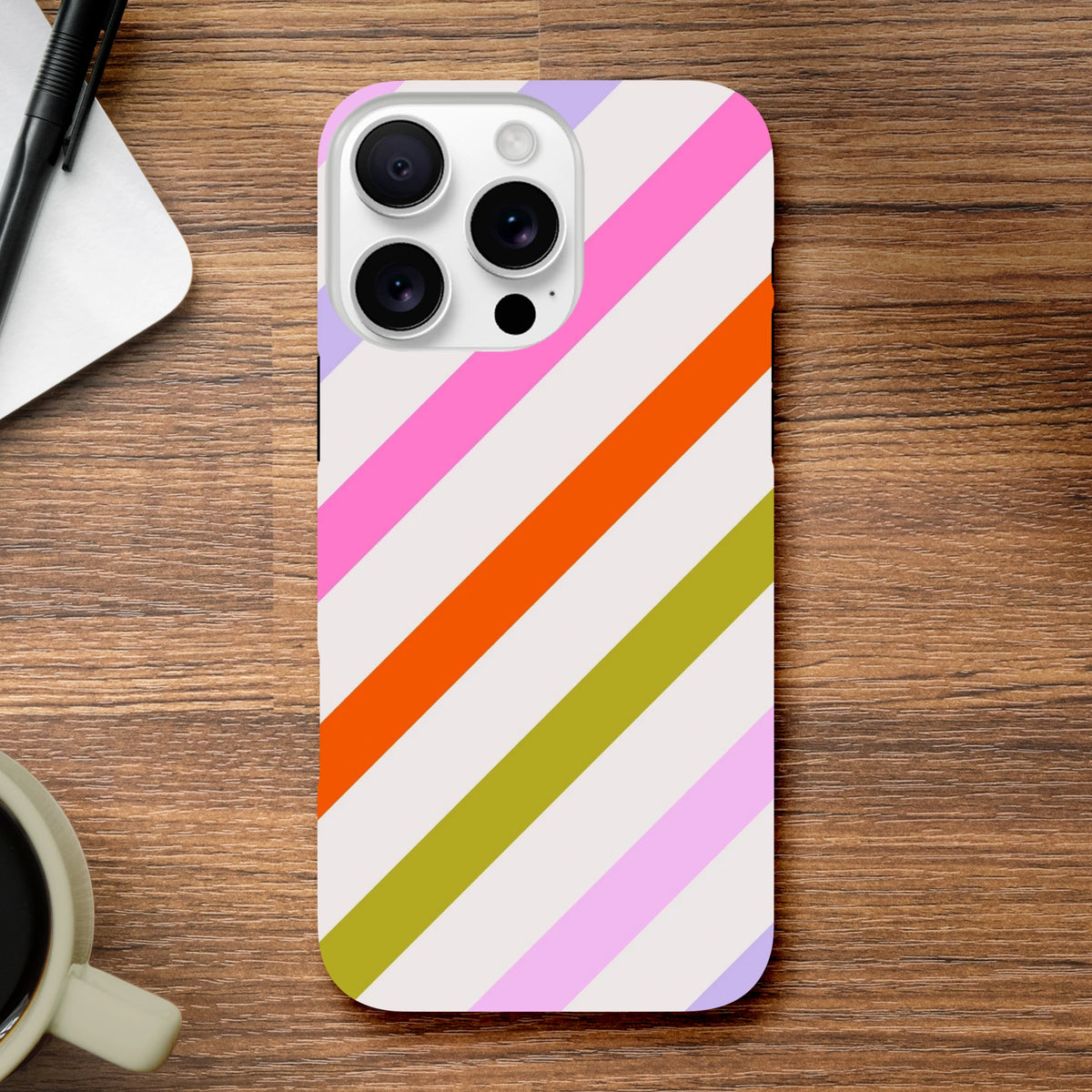 Retro colourful diagonal stripe tough iPhone case with shock-absorbing TPU protection for drops and scratches.