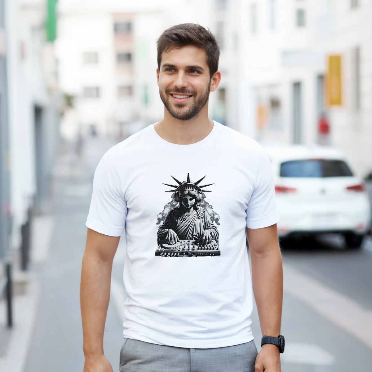 Man wearing white t-shirt featuring Statue of Liberty DJ graphic with headphones and mixer for urban music streetwear style.