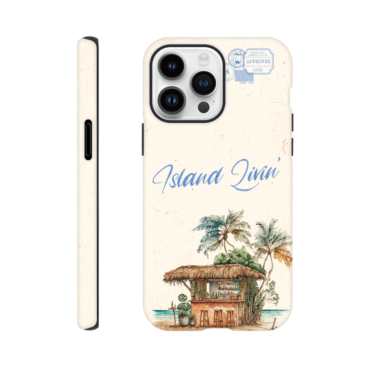 Island Beach Bar rugged iPhone case (13-16) with tropical island scene, palm trees and beach hut.