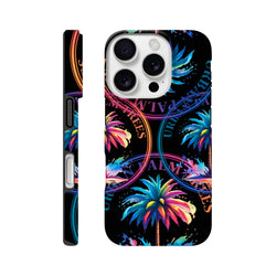 Vibrant tropical palm tree and neon circular text pattern on a black tough iPhone case for city生活.