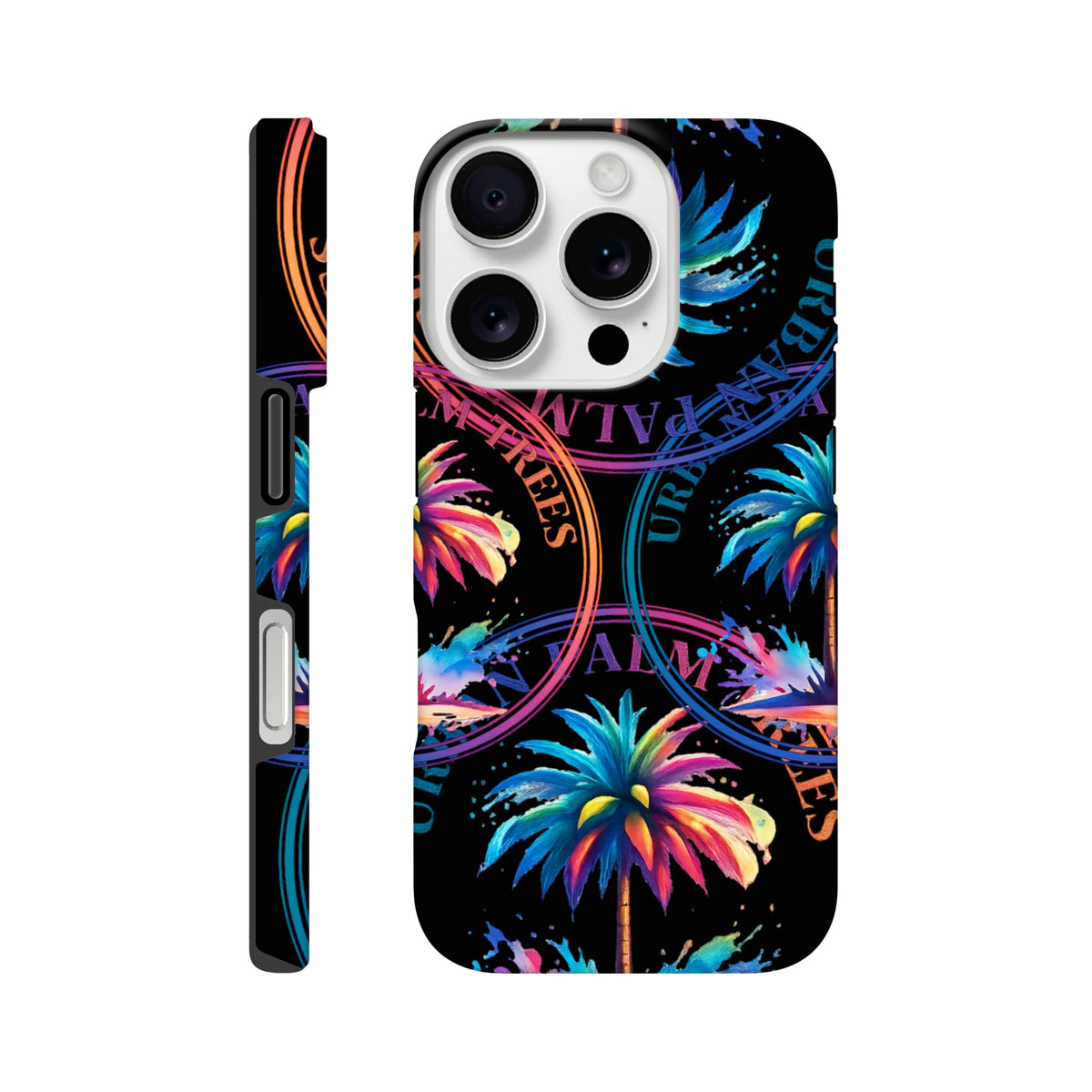 Vibrant tropical palm tree and neon circular text pattern on a black tough iPhone case for city生活.
