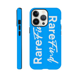 Blue Rare Find tough iPhone case featuring white slogan text in block and script fonts. Durable streetwear phone cover for iPhone 13-16 series.