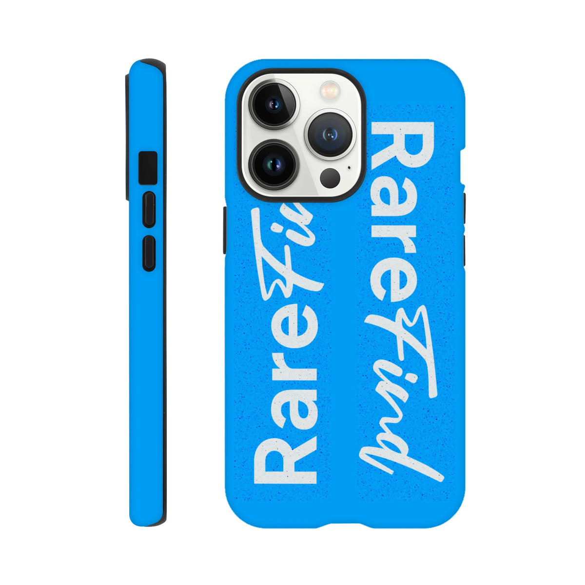 Blue Rare Find tough iPhone case featuring white slogan text in block and script fonts. Durable streetwear phone cover for iPhone 13-16 series.