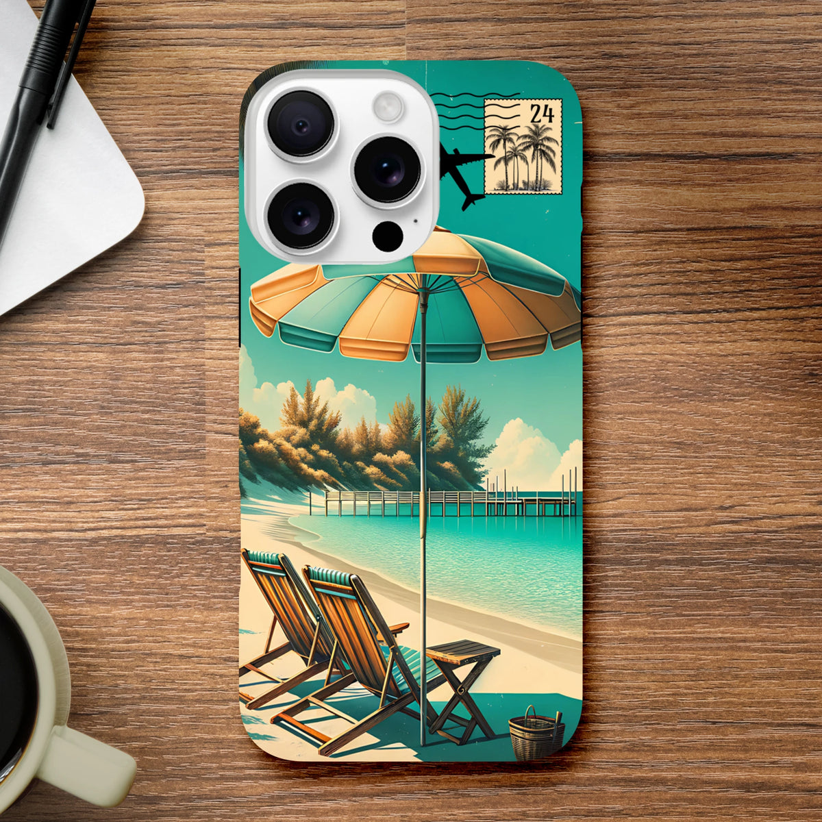 Vintage retro beach holiday iPhone case featuring striped umbrella, lounge chairs, and coastal pier design for iPhone 13-16.
