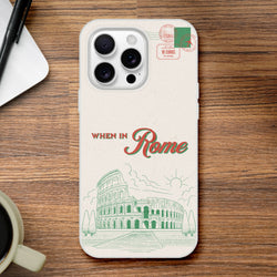Vintage postcard-style iPhone case for iPhone 13–16 with Rome imagery, design, matte finish, slim TPU protection.
