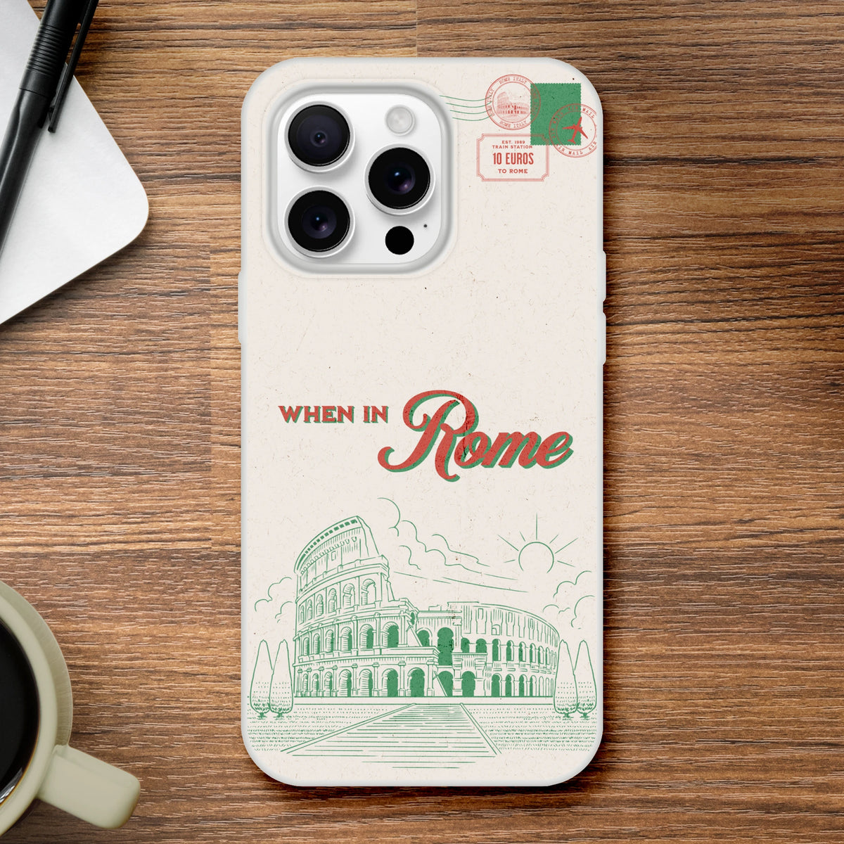 Vintage postcard-style iPhone case for iPhone 13–16 with Rome imagery, design, matte finish, slim TPU protection.