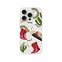Western phone case featuring a sticker collage of red cowboy boots, cacti, horseshoes, and longhorn skulls on a white background.