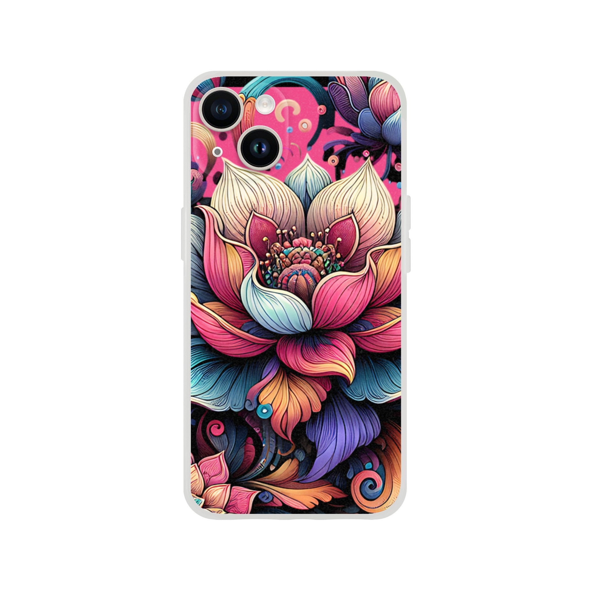 Intricate mandala floral iPhone case with vibrant petals; slim protective cover for iPhone 16, 15, 14, 13.