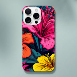 Vibrant tropical hibiscus iPhone case featuring bold pink, orange, and yellow florals with dark green leaves for a durable, street-style look.