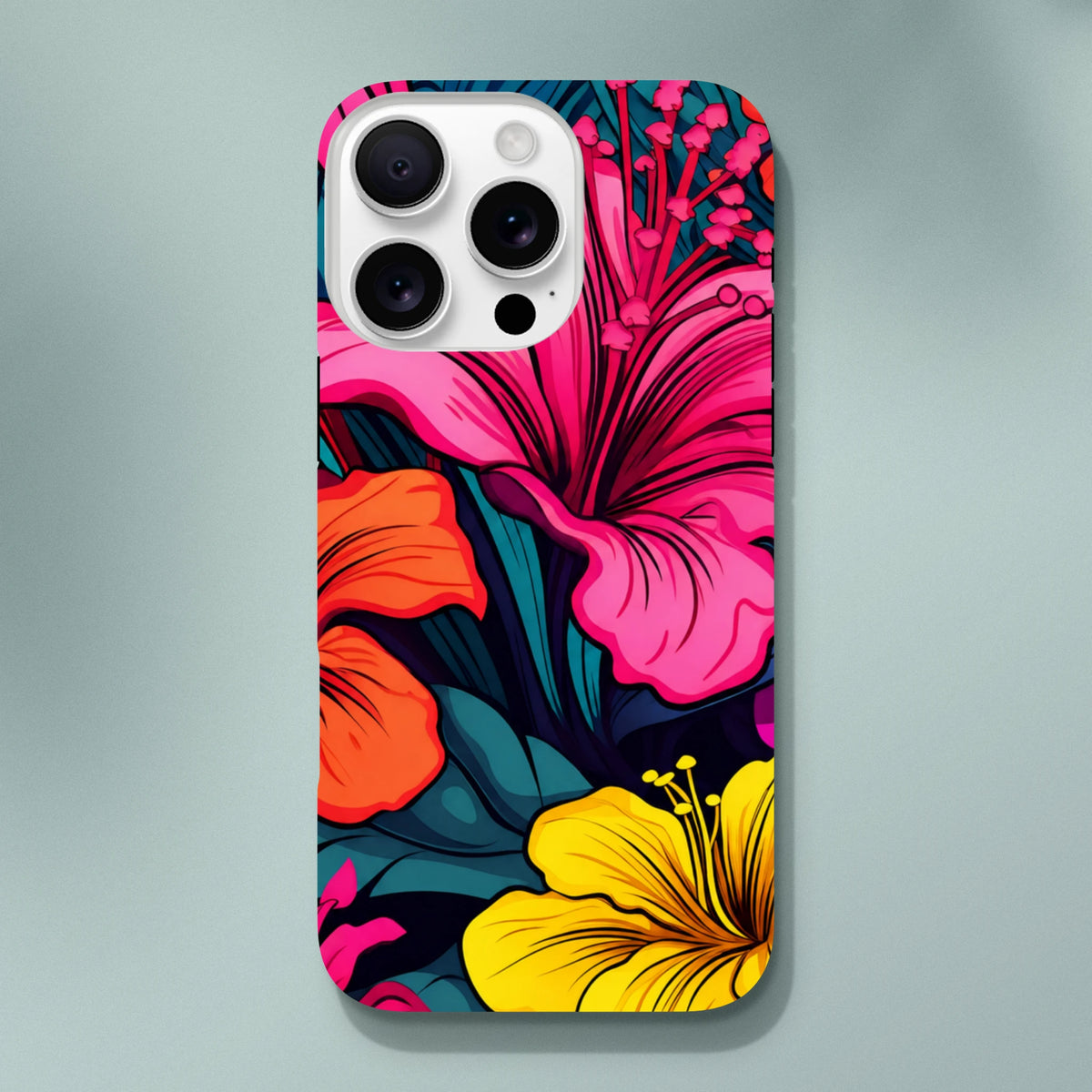 Vibrant tropical hibiscus iPhone case featuring bold pink, orange, and yellow florals with dark green leaves for a durable, street-style look.