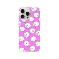 Pink iPhone case (13-16) with a cute white sheep pattern across a pink background.