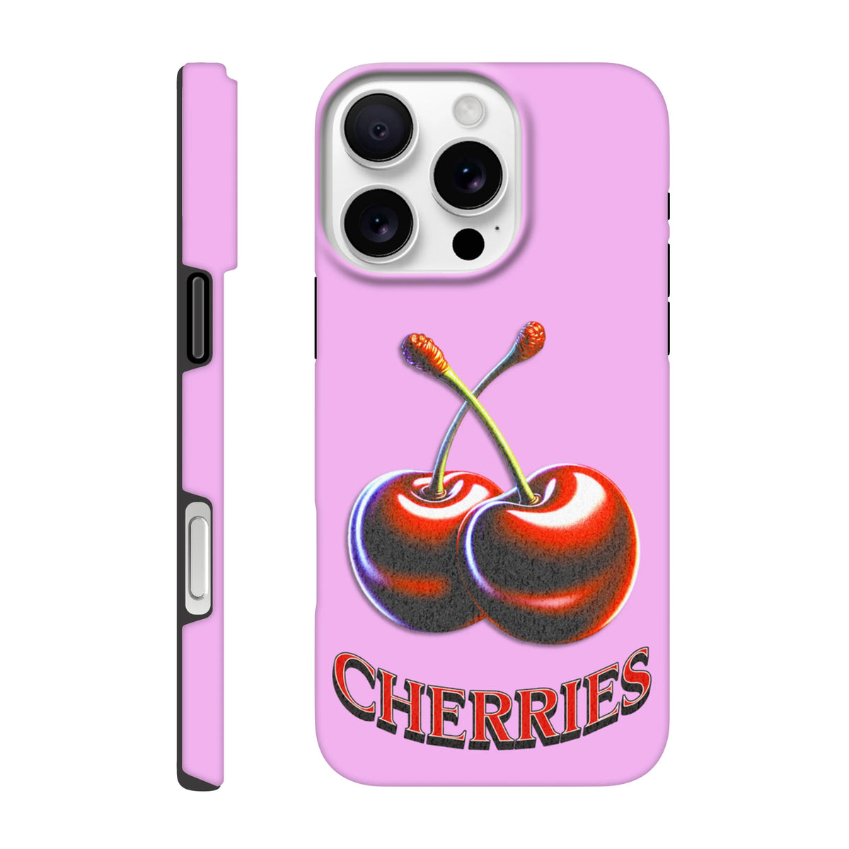 Pink retro Y2K iPhone case featuring a glossy red cherry graphic and arched "CHERRIES" text with tough protective casing.