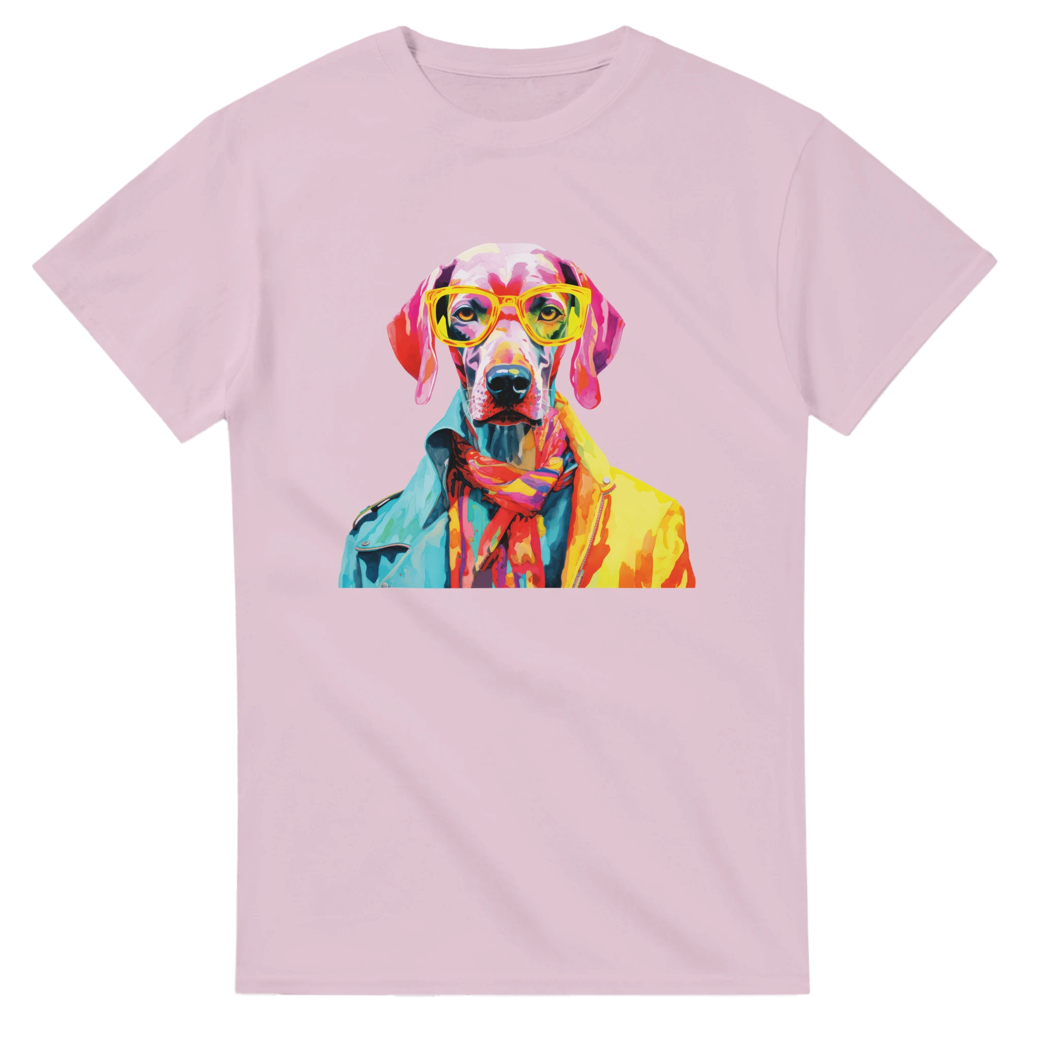 Pink women's tee with a vibrant dog graphic wearing yellow sunglasses and a multicolored jacket.
