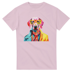 Pink women's tee with a vibrant dog graphic wearing yellow sunglasses and a multicolored jacket.