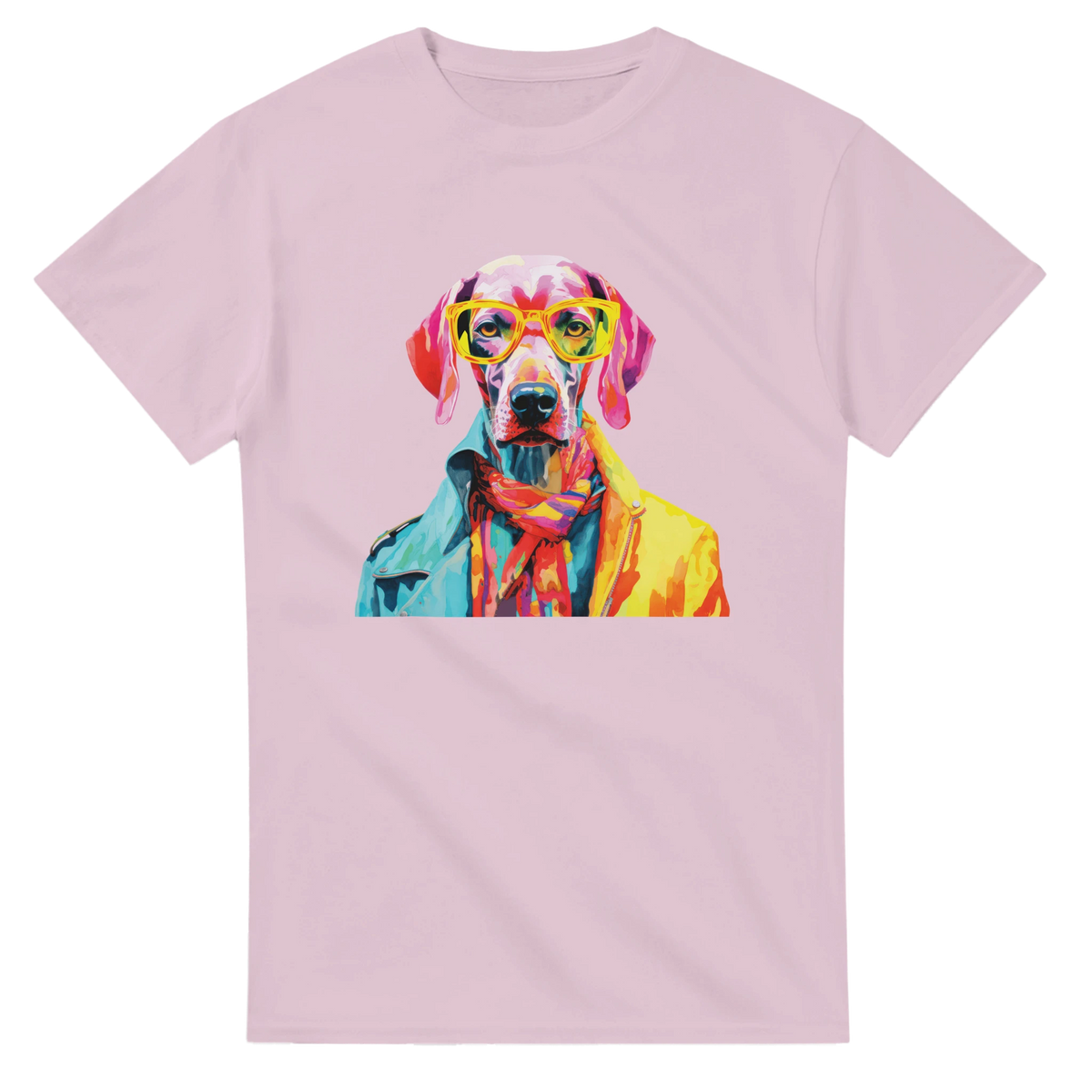 Pink women's tee with a vibrant dog graphic wearing yellow sunglasses and a multicolored jacket.