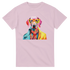 Pink women's tee with a vibrant dog graphic wearing yellow sunglasses and a multicolored jacket.