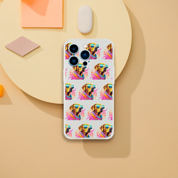 Slim transparent protective case with a repeated colorful dog wearing sunglasses pattern for iPhone 13-16.