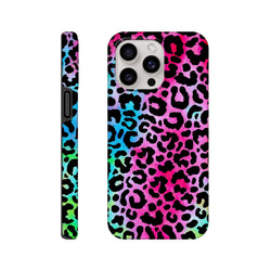 Vibrant rainbow leopard print tough iPhone case offering drop protection and bold animal print style for iPhone 13-16 models.