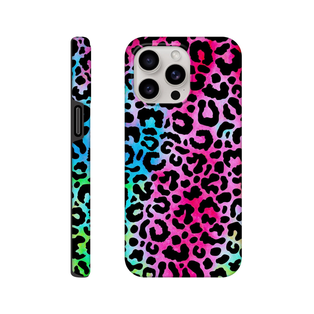 Vibrant rainbow leopard print tough iPhone case offering drop protection and bold animal print style for iPhone 13-16 models.