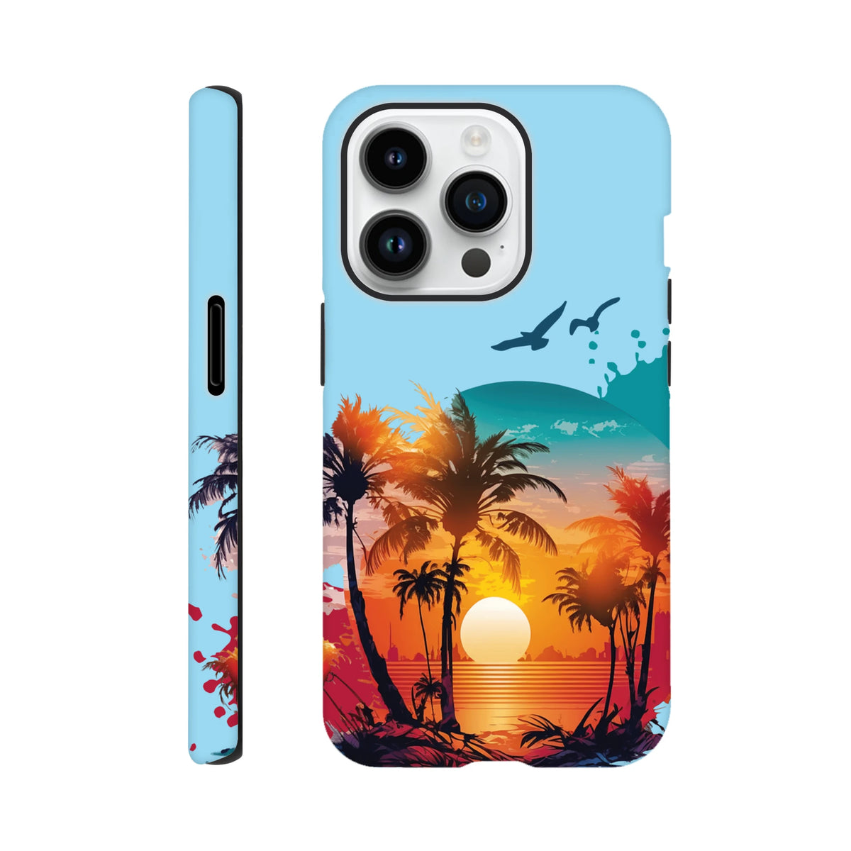 Tropical sunset palm tree iPhone case with vibrant beach sunset art, flying birds, and tough drop-resistant保护 design for coastal style.