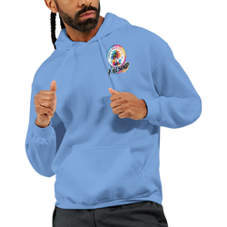 Light blue Full Send men's streetwear hoodie featuring a colorful Urban Palm Trees graphic and front pouch pocket.