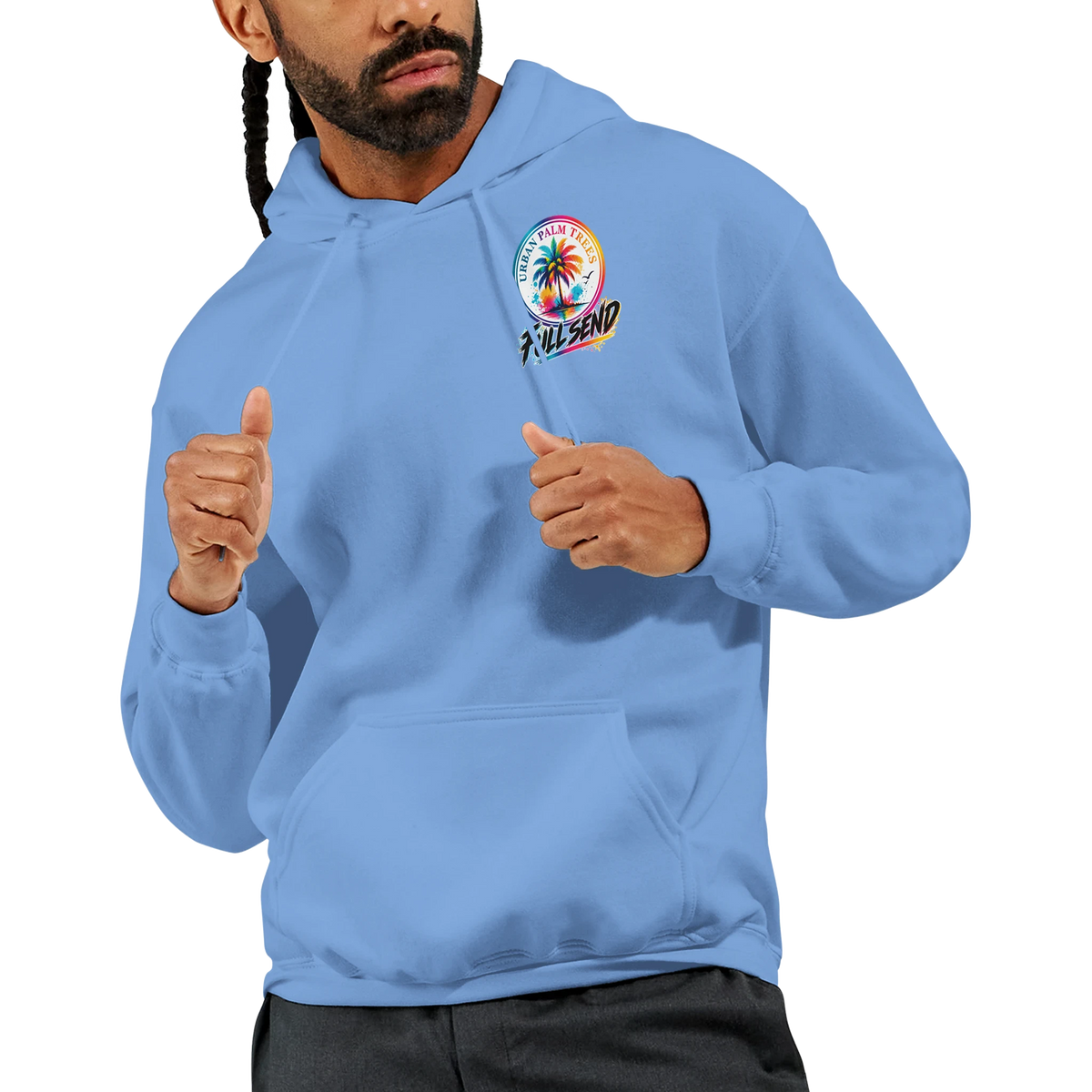 Light blue Full Send men's streetwear hoodie featuring a colorful Urban Palm Trees graphic and front pouch pocket.