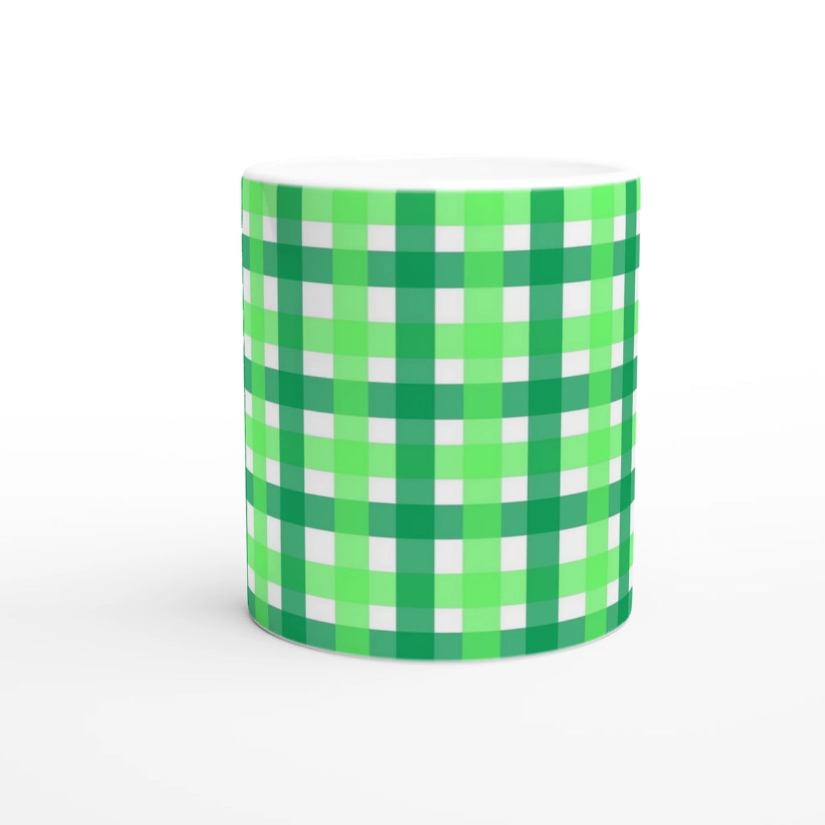 Green Gingham Ceramic Mug, cute checkered coffee cup for home or office use.
