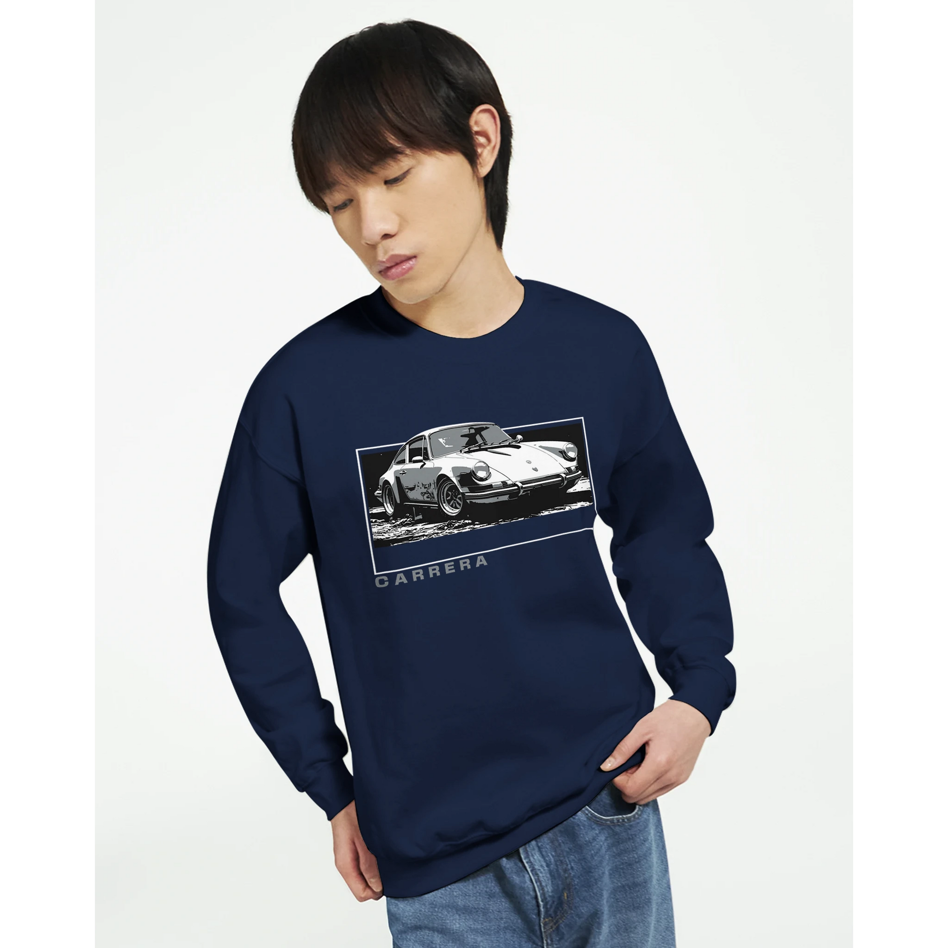 Navy blue cotton-poly sweatshirt with a white-framed Carrera car graphic on front.