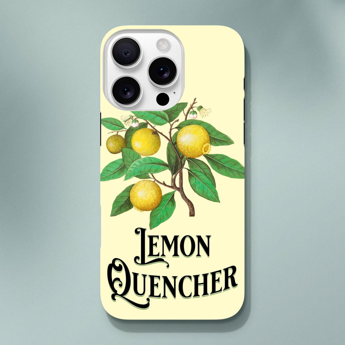 Vintage lemon tough iPhone case featuring retro botanical lemon branch illustration and Lemon Quencher text.