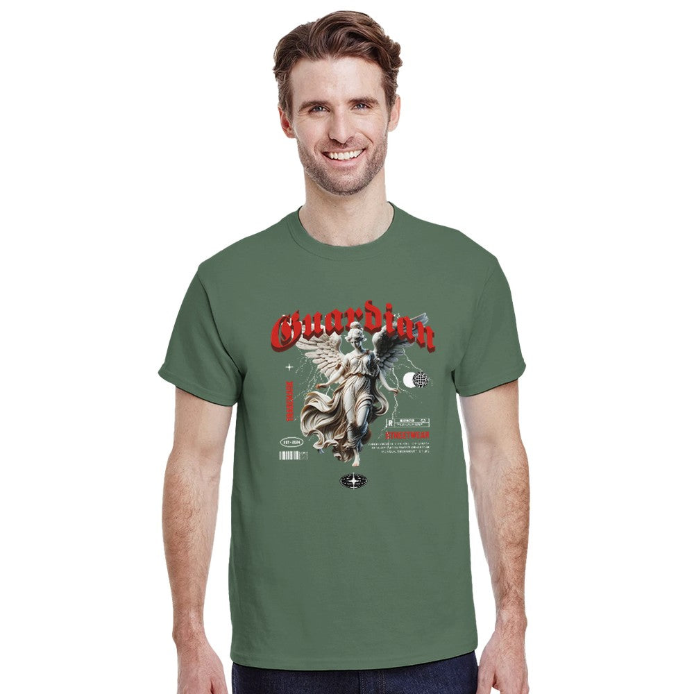 Male model wearing olive-green Gothic Angel T-shirt with red Guardian angel graphic.