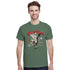 Male model wearing olive-green Gothic Angel T-shirt with red Guardian angel graphic.
