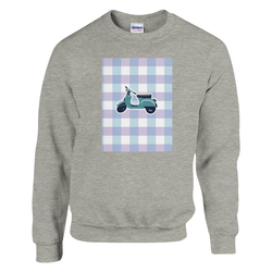 Grey vintage mod graphic jumper featuring a retro scooter illustration on a pastel gingham check background.