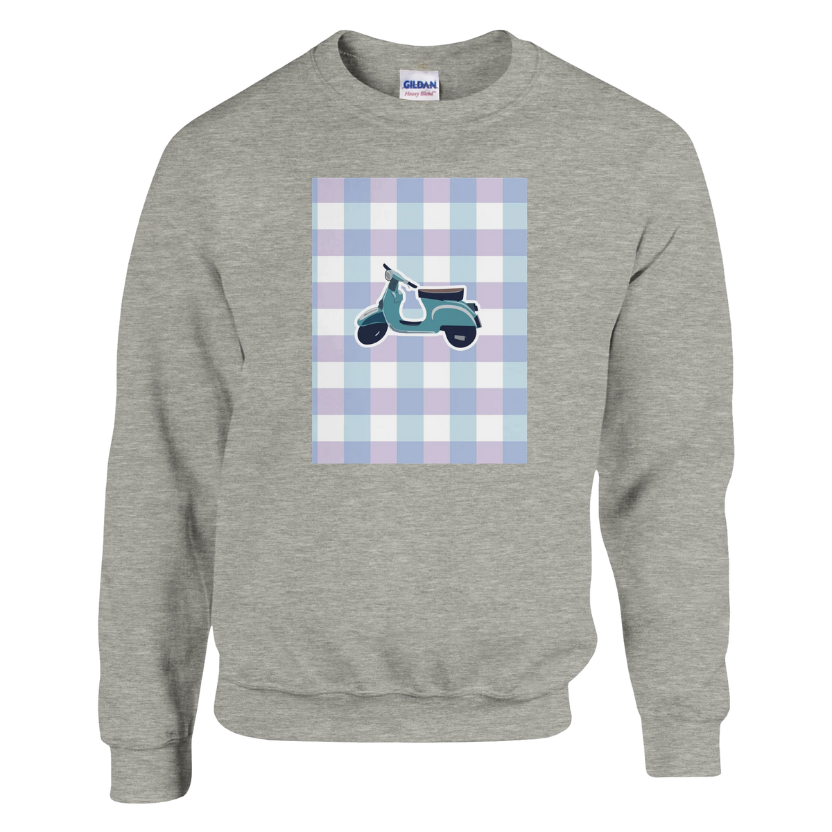 Grey vintage mod graphic jumper featuring a retro scooter illustration on a pastel gingham check background.