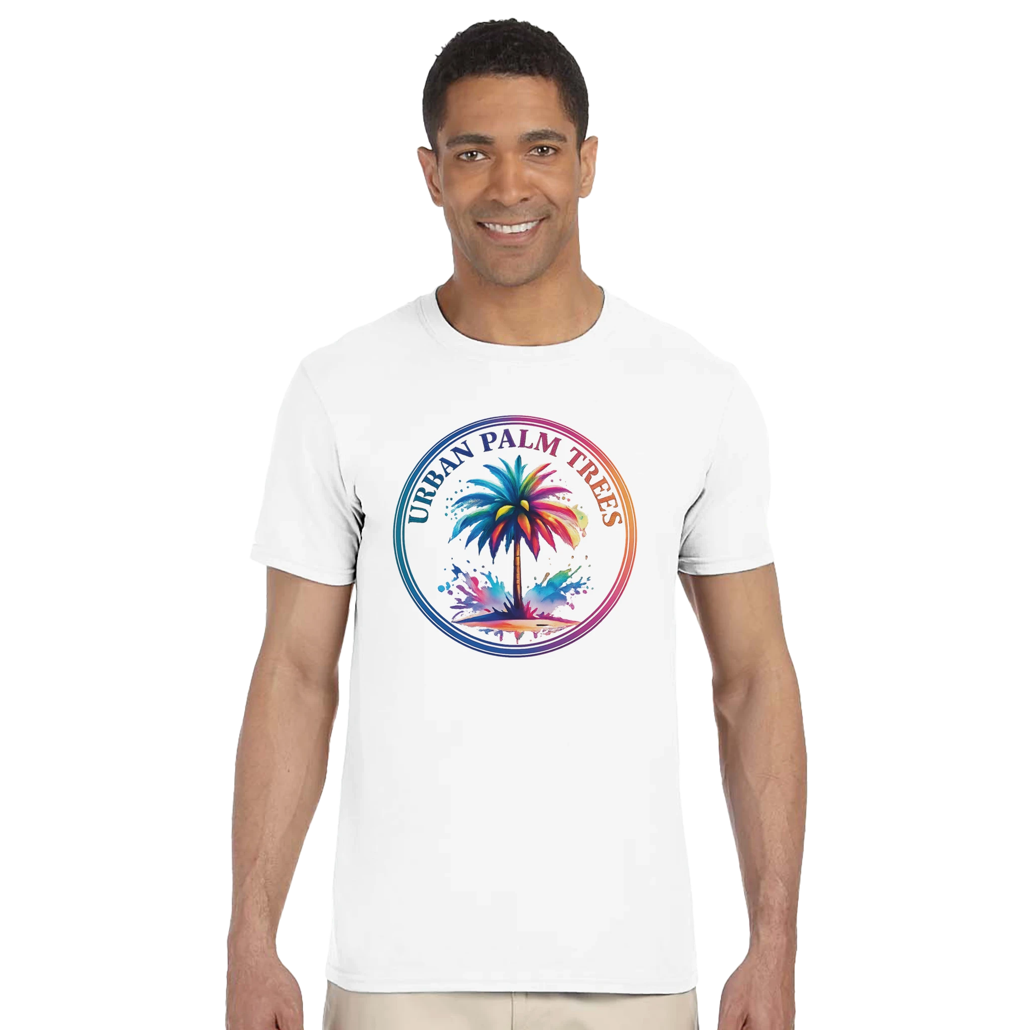 Smiling man in white T-shirt featuring a colorful circular palm tree graphic, retro Y2K streetwear style.