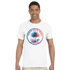 Smiling man in white T-shirt featuring a colorful circular palm tree graphic, retro Y2K streetwear style.