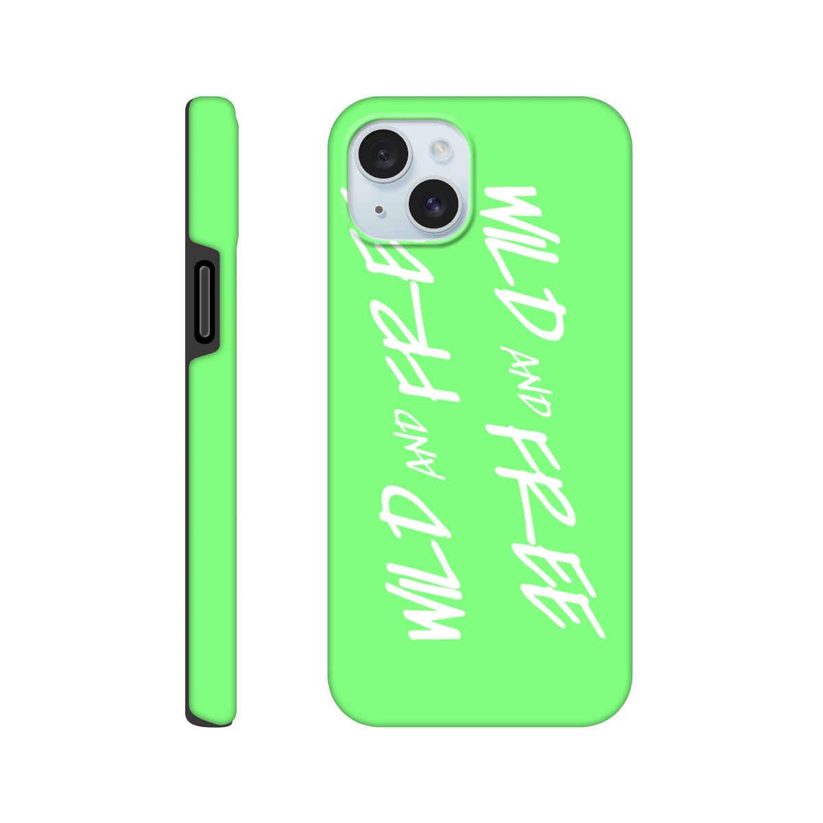  Lime green Y2K iPhone case featuring white Wild and Free vertical script, tough shock-absorbing shell for iPhone 13-16.