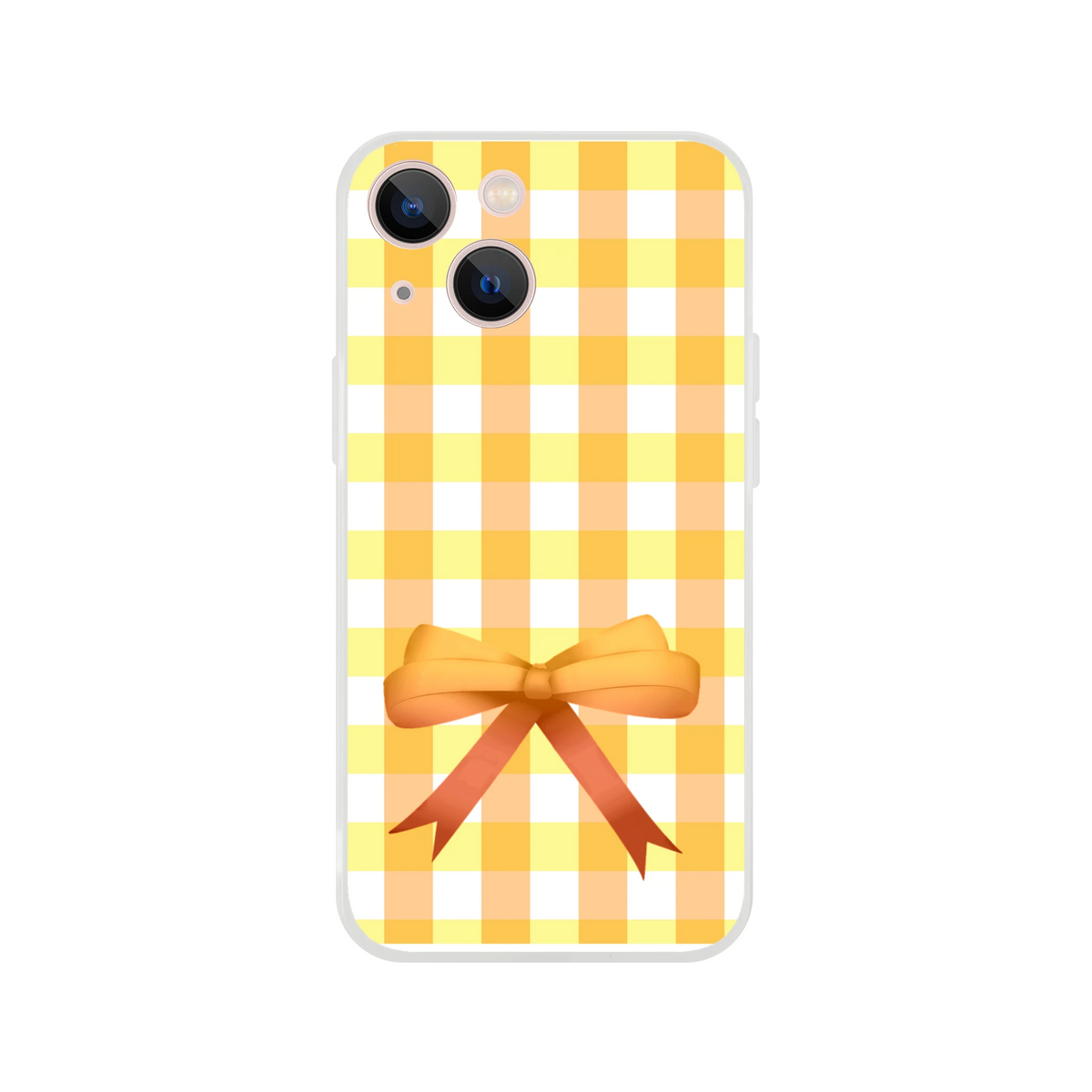 Yellow Gingham Bow iPhone Case (13-15) in Cute Coquette Aesthetic with yellow gingham pattern and bow.