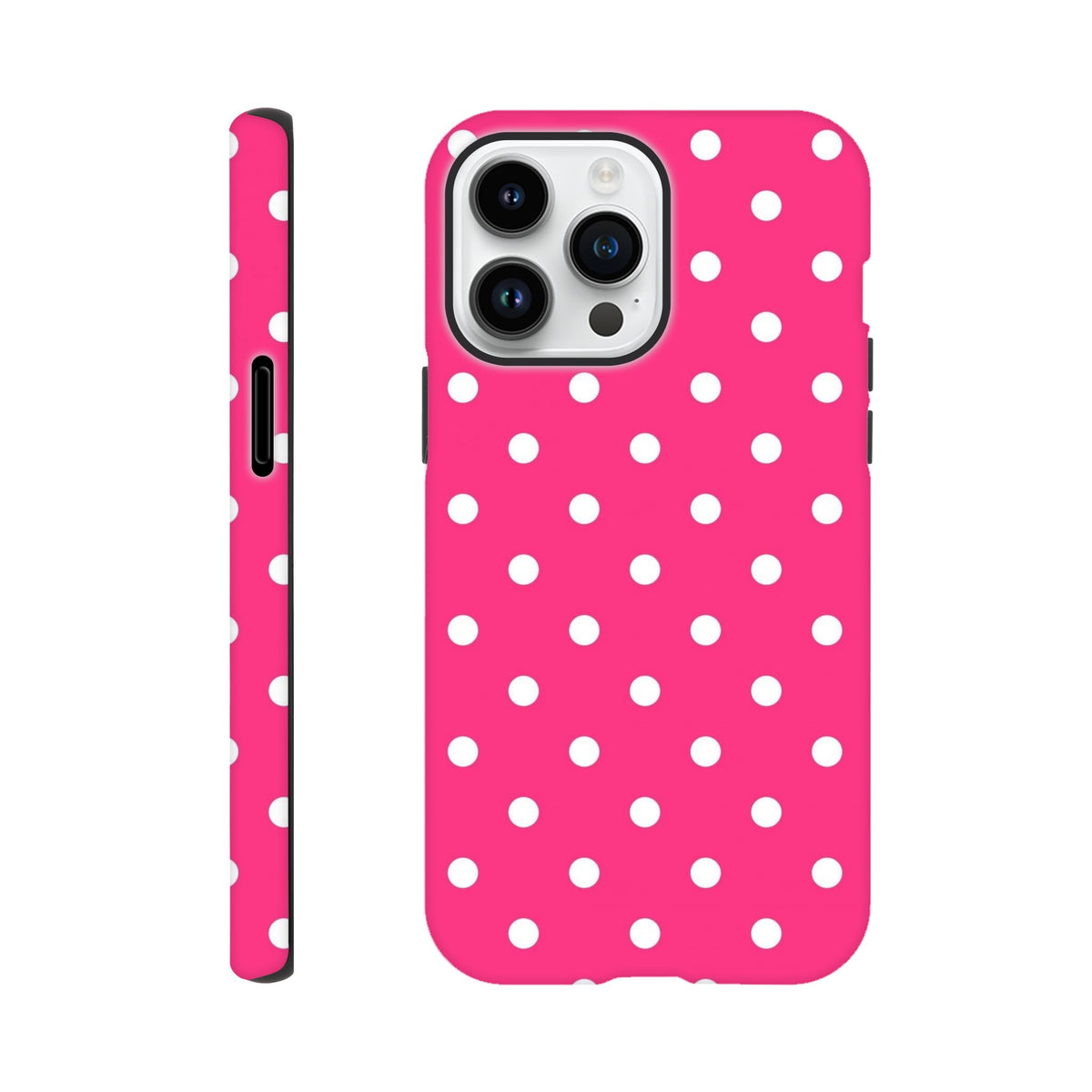 Hot pink and white polka dot tough iPhone case with dual-layer shock absorption and rugged protection for daily use.