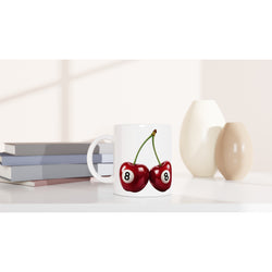 Lucky Cherries mug with twin cherries print on glossy white ceramic—gift for her.