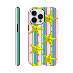 Retro Star Stripe Tough iPhone case with yellow stars on colorful vertical stripes, offering shock-absorbing TPU protection for daily commutes.