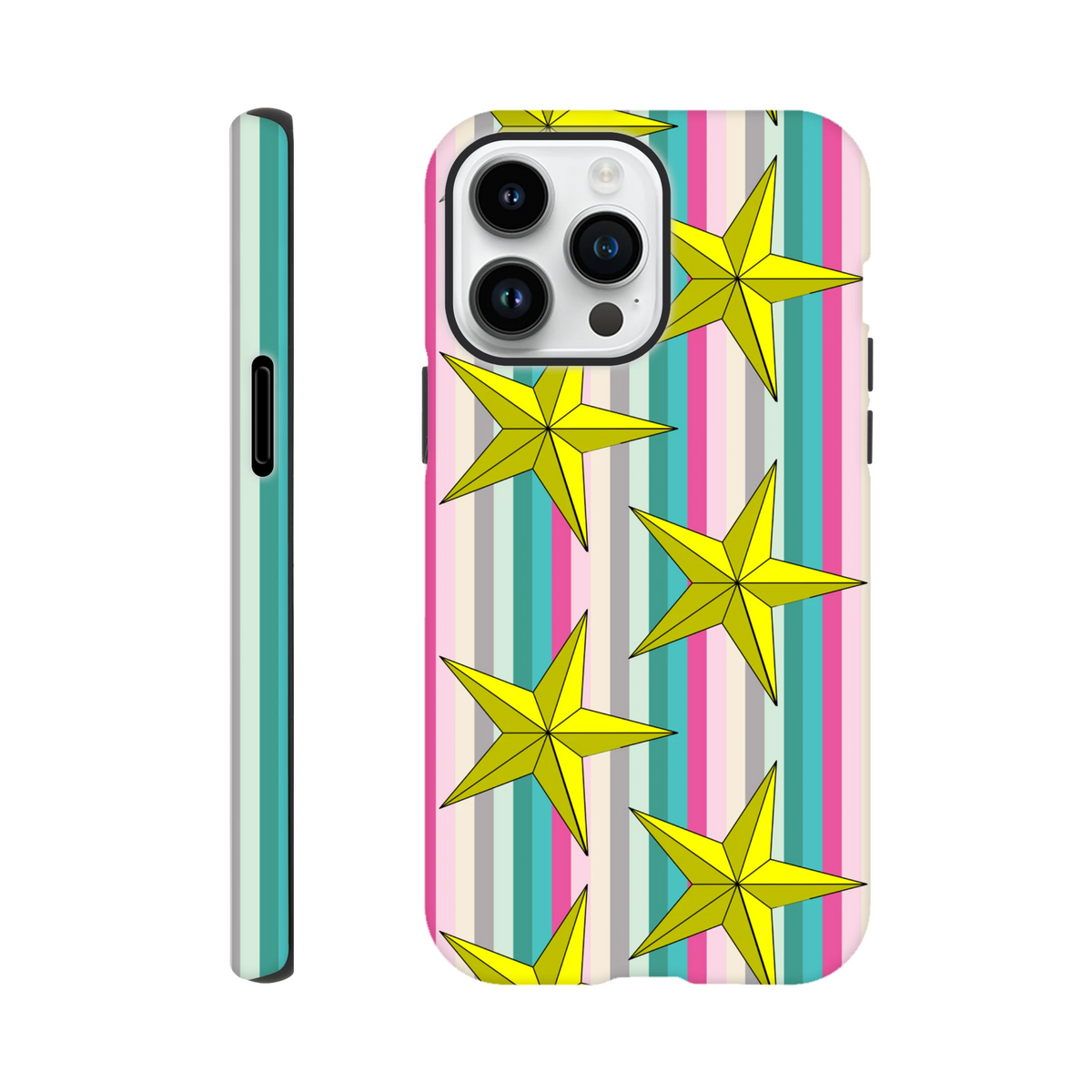 Retro Star Stripe Tough iPhone case with yellow stars on colorful vertical stripes, offering shock-absorbing TPU protection for daily commutes.
