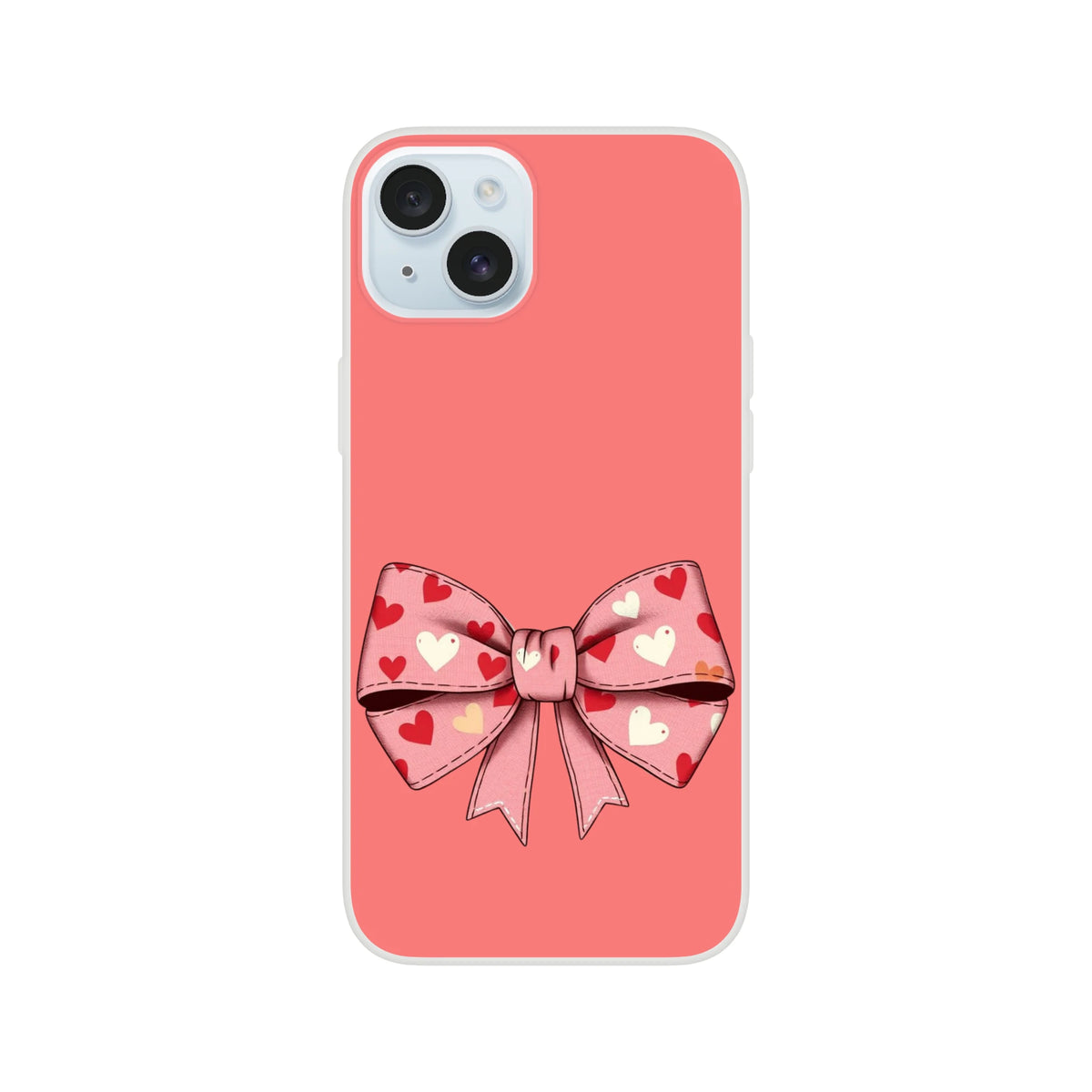 Cute pink and cream bow iPhone case with heart pattern on coral pink background for iPhone 13-16, coquette aesthetic.