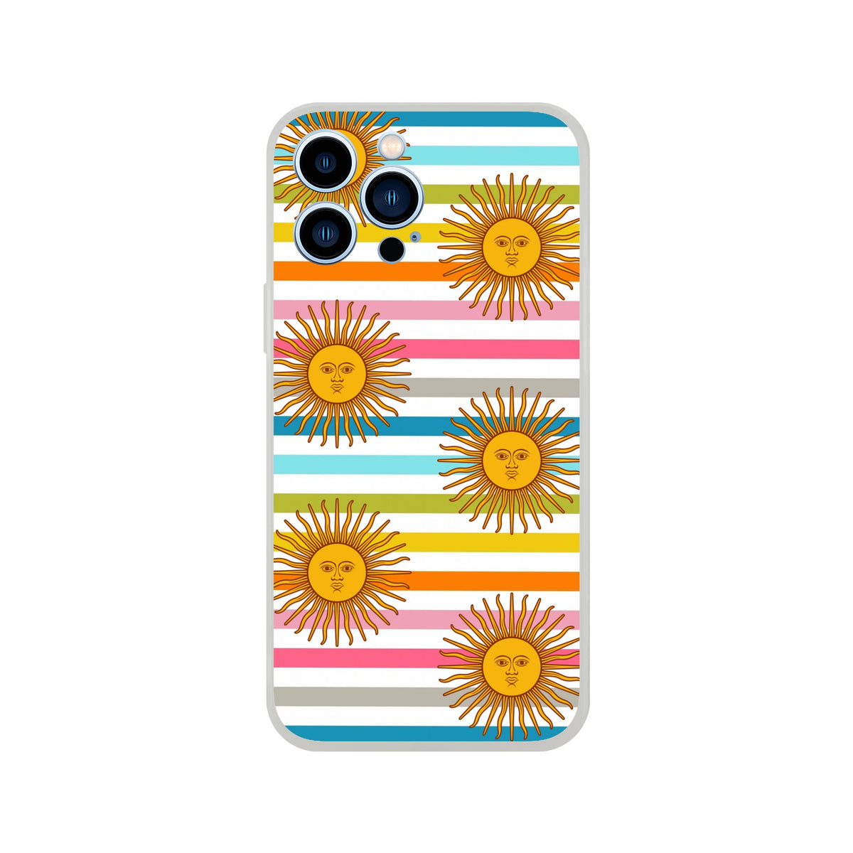 Retro Rainbow Sun iPhone case with multiple sun motifs on colorful striped background, matte finish (iPhone 13-16)