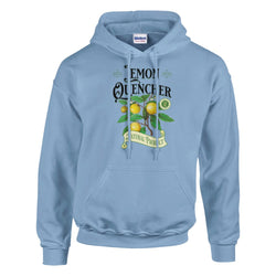 Lemon women's cotton-blend hoodie in blue with lemon branch graphic and banner, sizes S–XL.