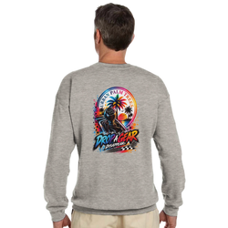 Grey petrolhead sweatshirt featuring colorful gear shift, palm trees, and "Drop A Gear Disappear" back print.