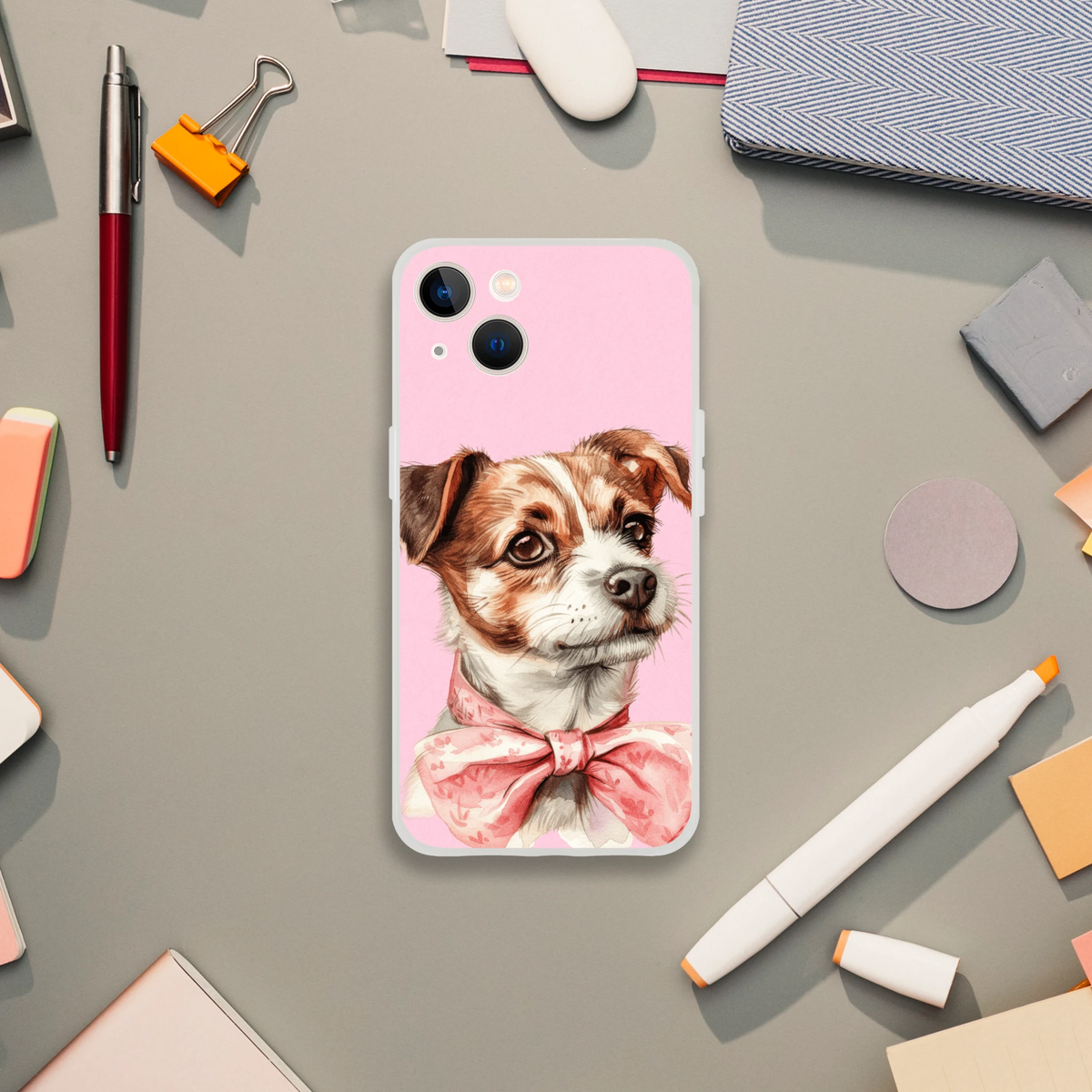 Pink iPhone case with a cute dog illustration, retro aesthetic for iPhone 13-16