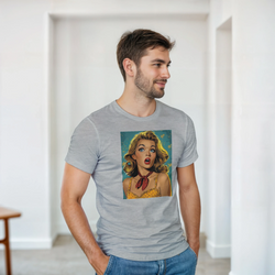 Man wearing gray vintage pin-up graphic t-shirt featuring retro Americana illustration of a blonde woman with a bandana.