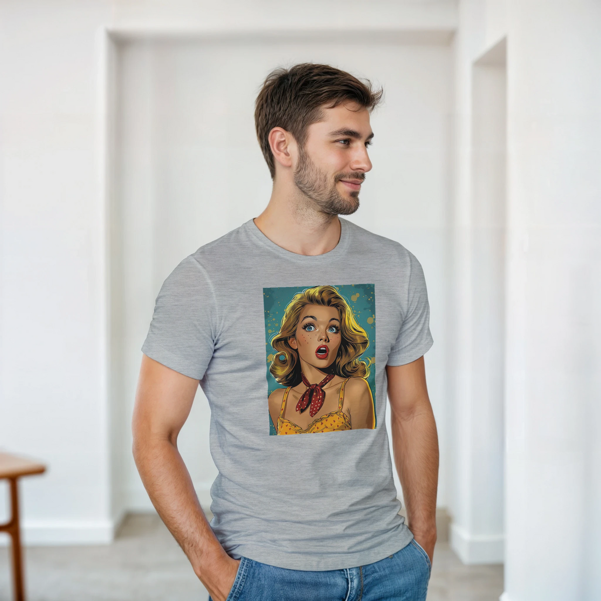 Man wearing gray vintage pin-up graphic t-shirt featuring retro Americana illustration of a blonde woman with a bandana.